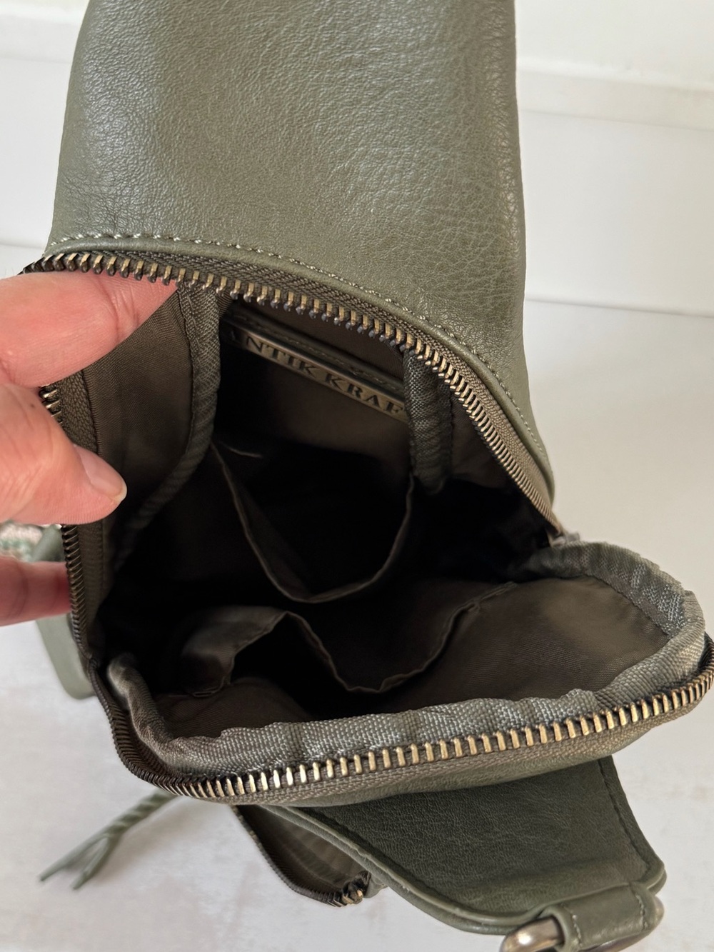 Antik Kraft Olive Green Leather Sling Bag with Patterned Strap - Picture 3 of 5
